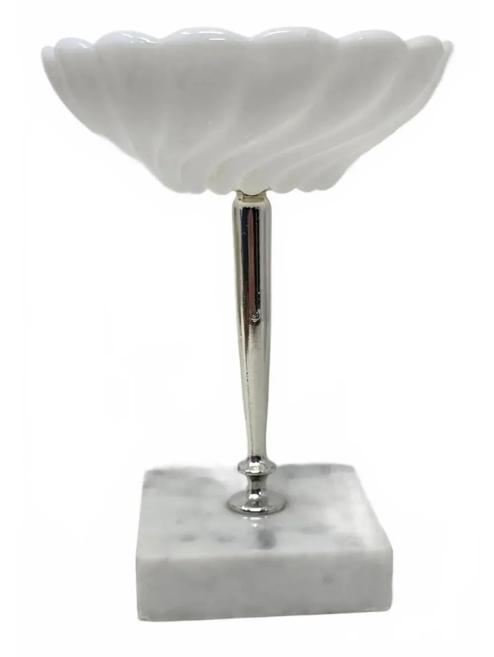 White Milk Glass Pedestal Dish with Marble Base | Scalloped Compote